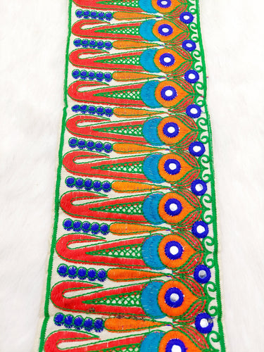 Off White Art Silk Fabric Trim, Paisley Embroidered Trim, Foil Mirror Embroidery